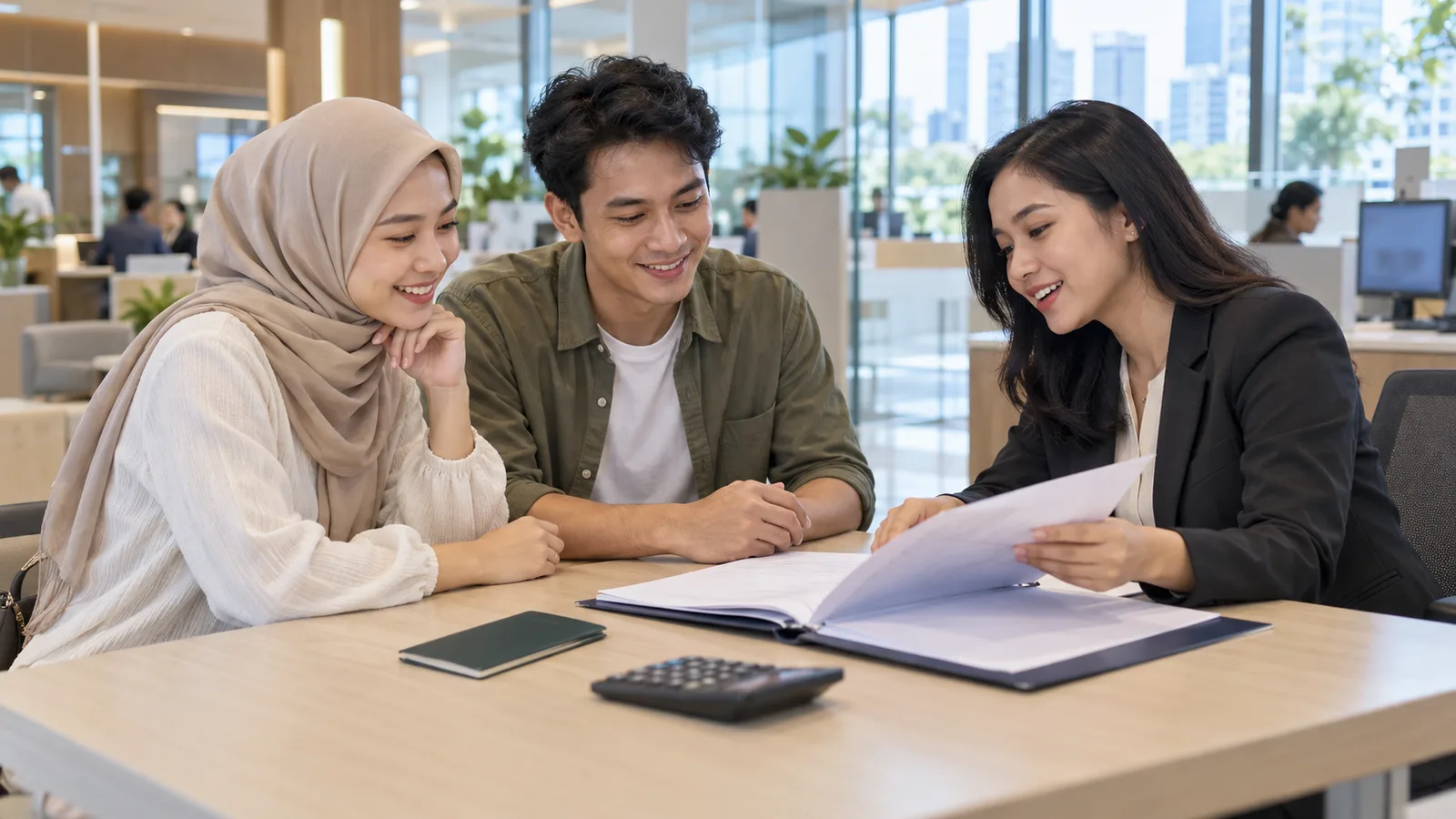Two young Indonesian applicants review bank papers with an officer at a bright bank branch in Jakarta.