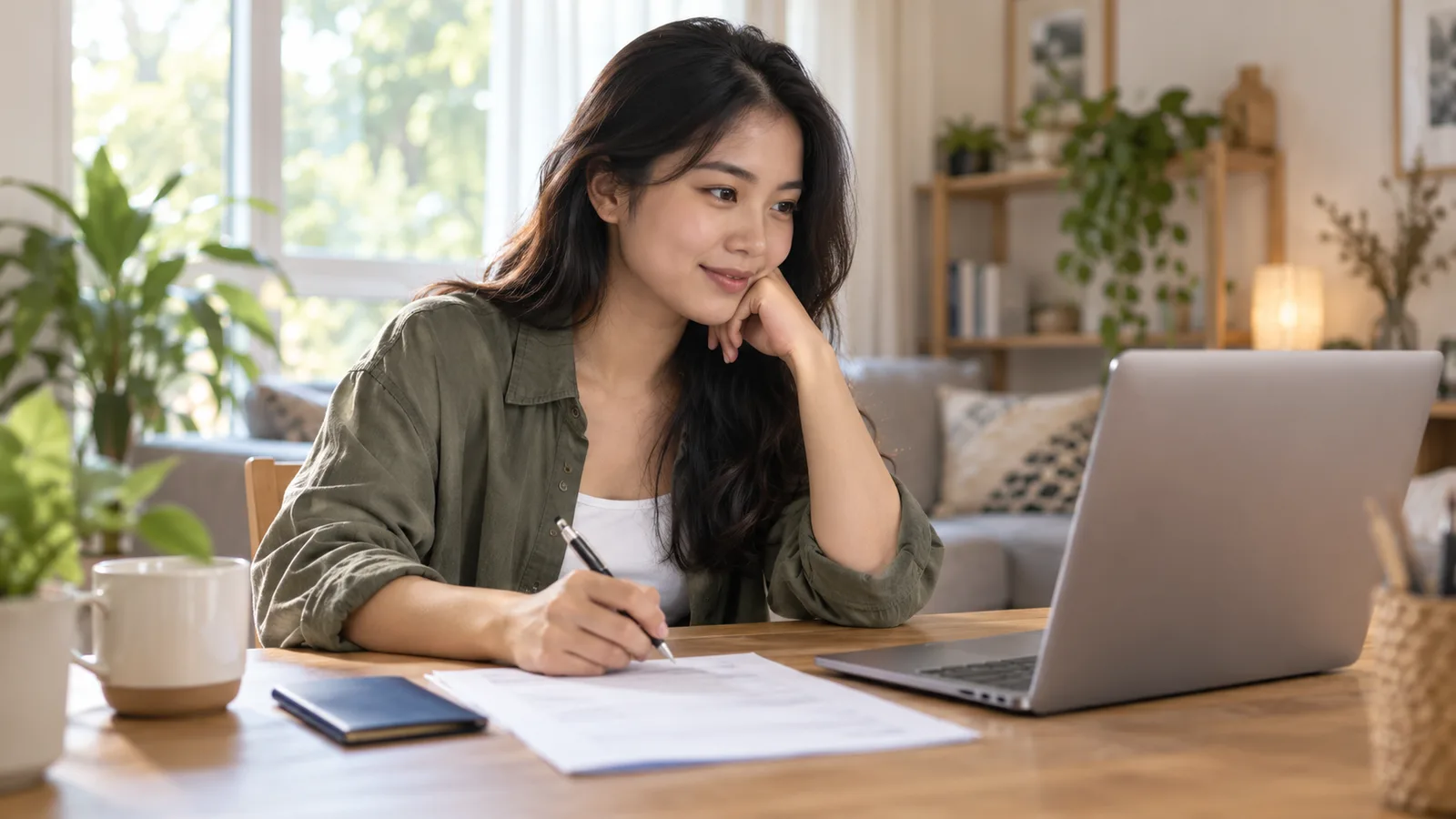A young Indonesian woman prepares visa paperwork beside a laptop and passport at a sunlit desk at home.