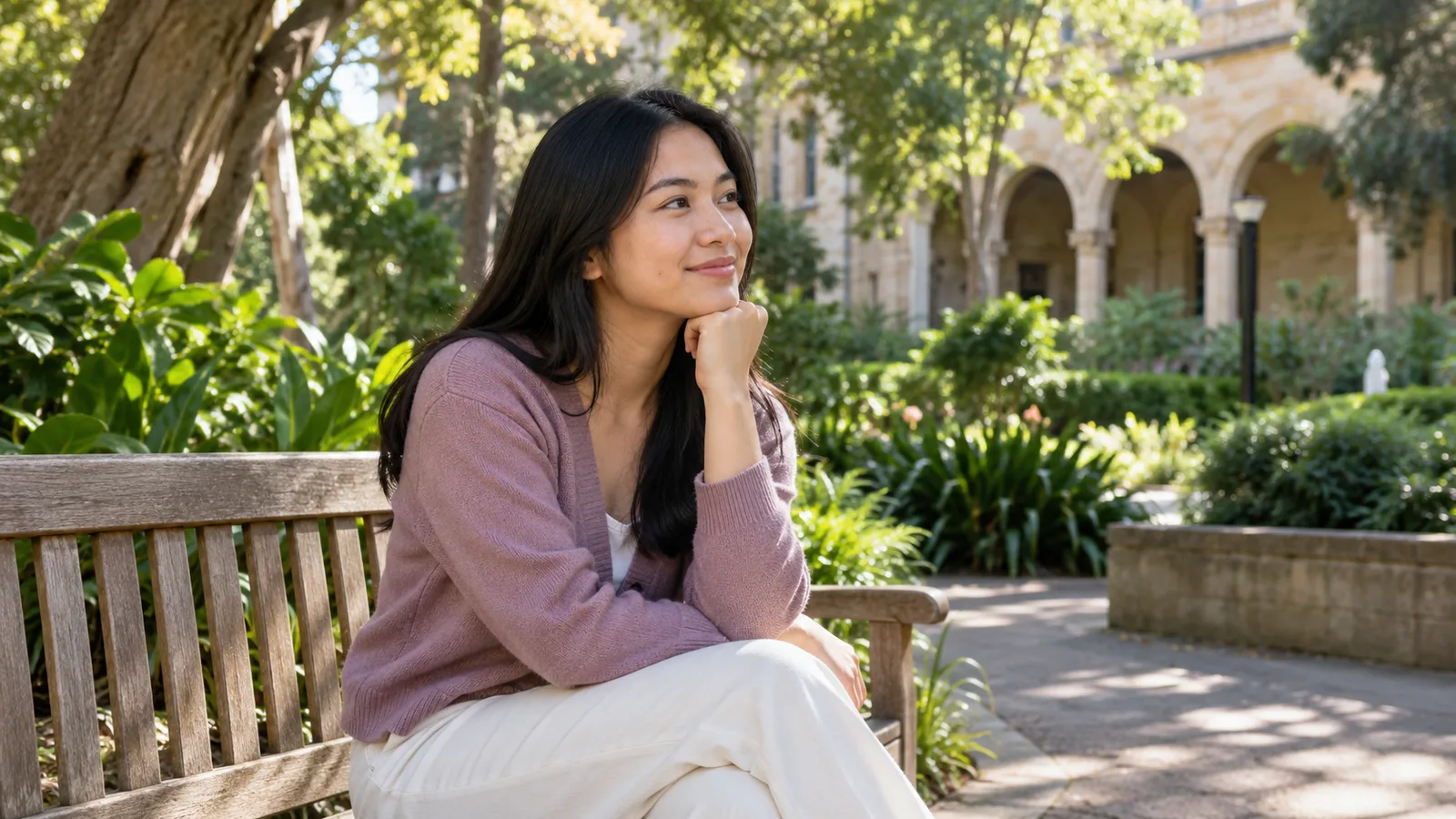 An Indonesian graduate considers post-study work opportunities in an Australian campus garden.