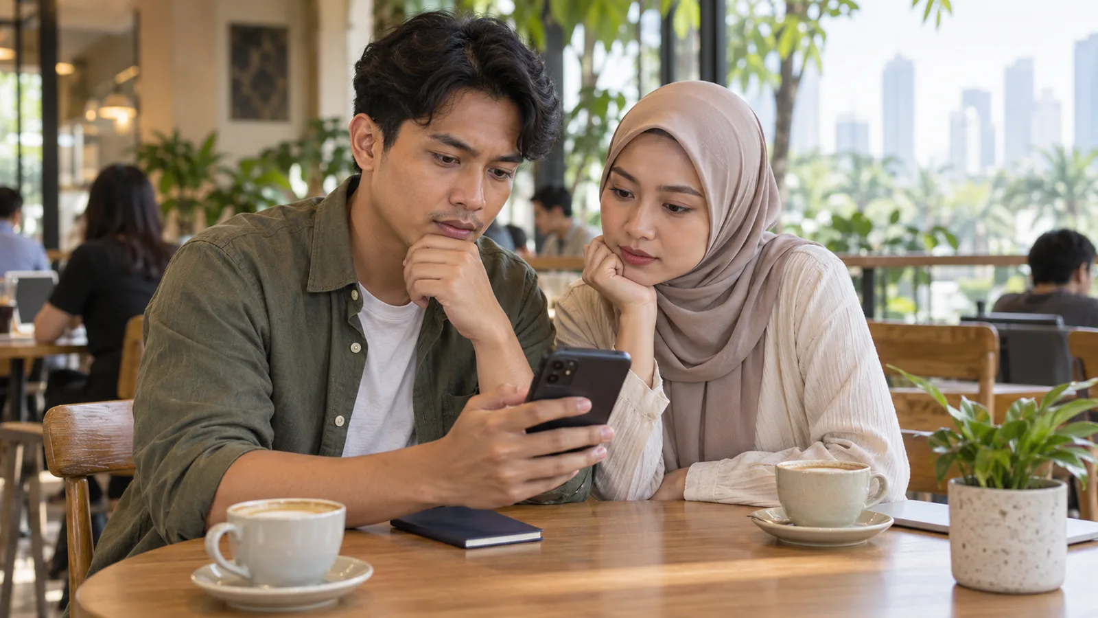 An Indonesian man and a woman in a hijab thoughtfully check a phone together at a Jakarta cafe table.