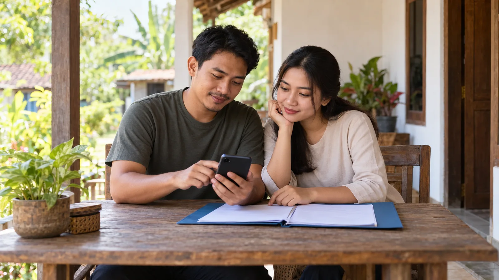 An Indonesian couple reviews a phone and an open folder of papers at a wooden table on their sunlit porch.