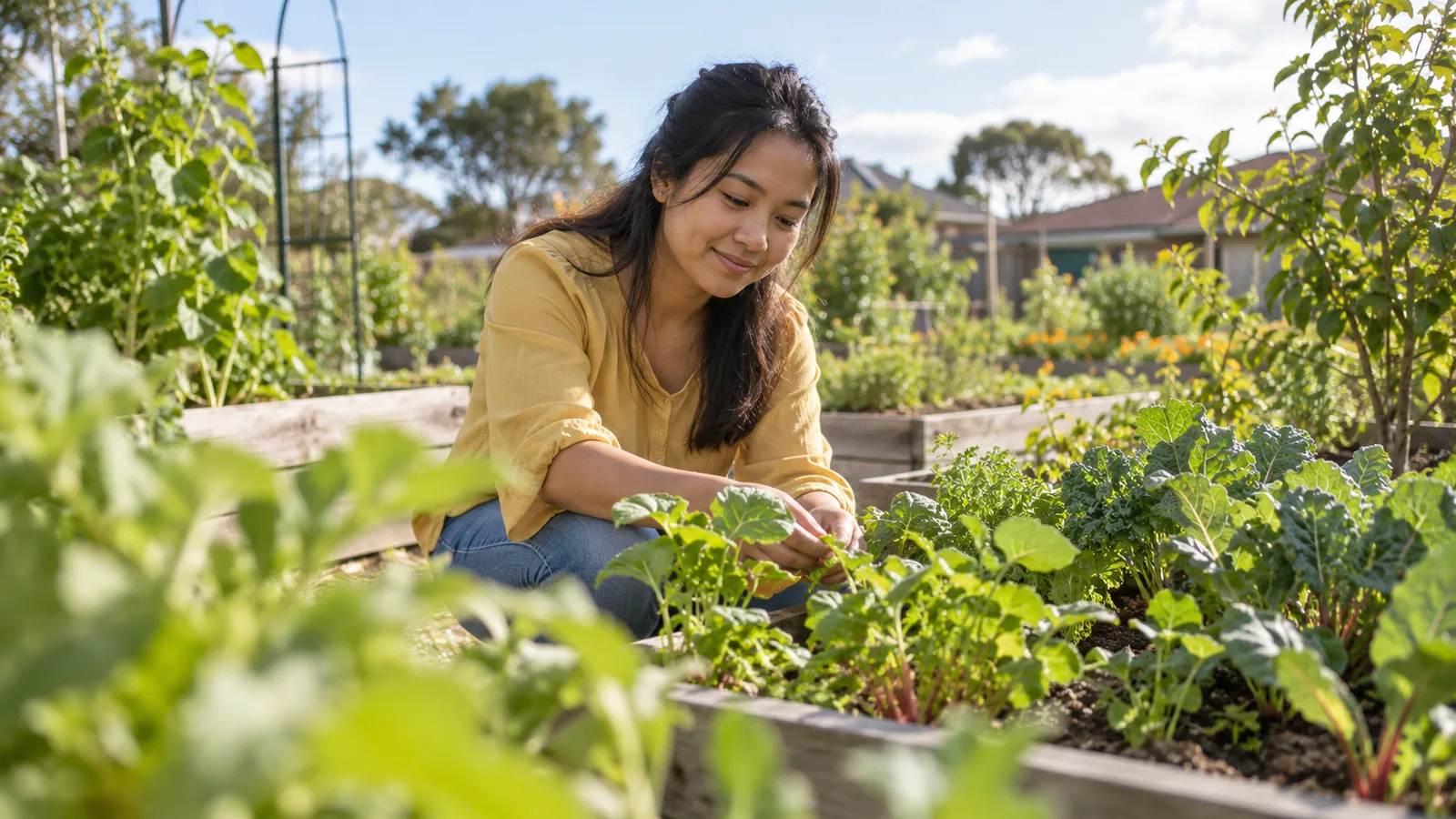 An Indonesian professional tends vegetable plants in a regional Australian community garden.