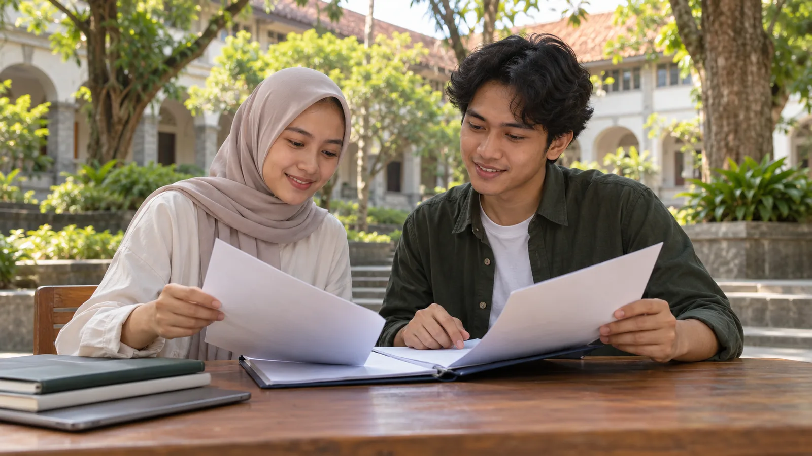A young Indonesian woman in a hijab and a man sort university papers at a wooden campus table.