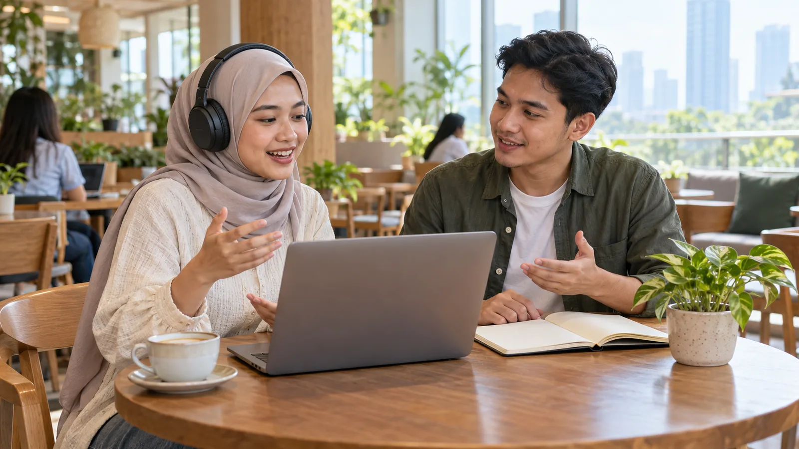 Two young Indonesians, a woman in a hijab and a man, practise English with headphones and a notebook in a bright cafe.