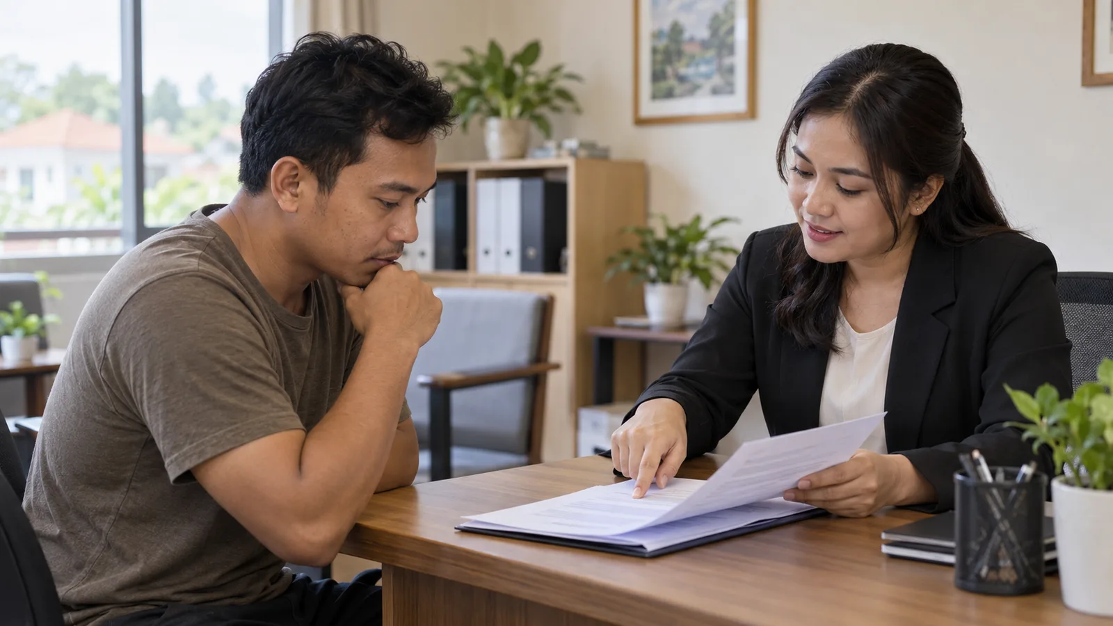 An Indonesian worker reviews a placement agreement with a recruitment staff member across a desk in a small office.