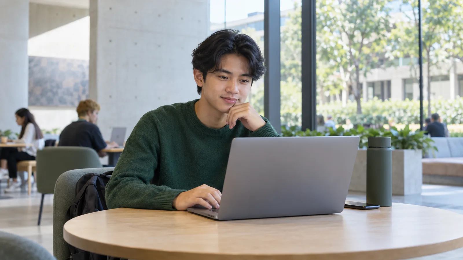 An Indonesian student researches study plans on a laptop in a quiet Australian campus study space.