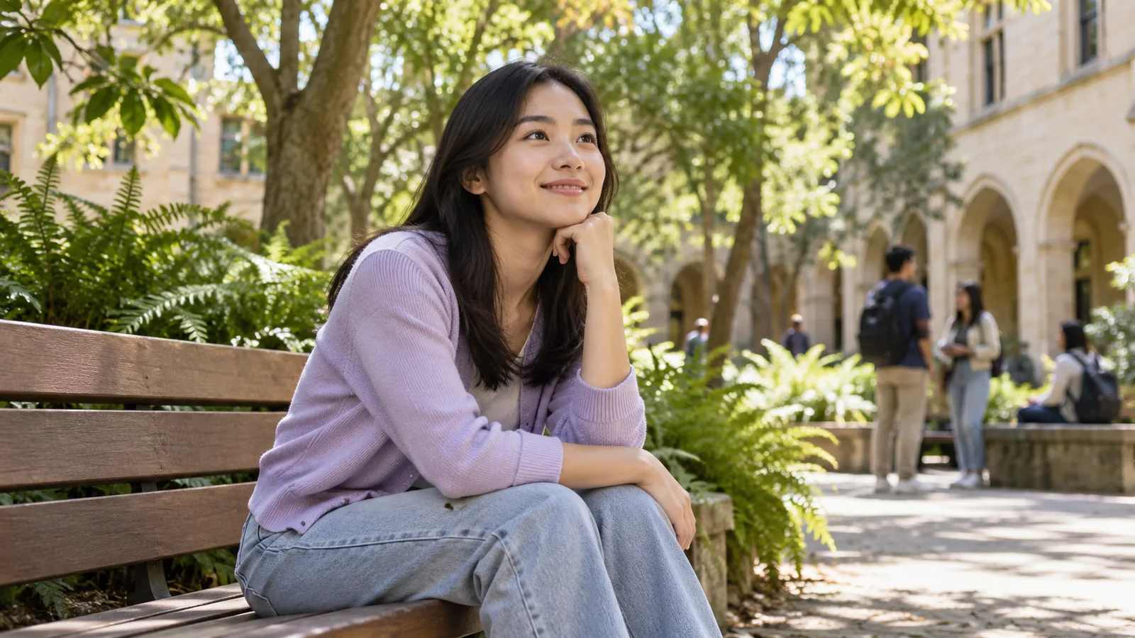 An Indonesian graduate considers skilled employment opportunities in an Australian campus courtyard.