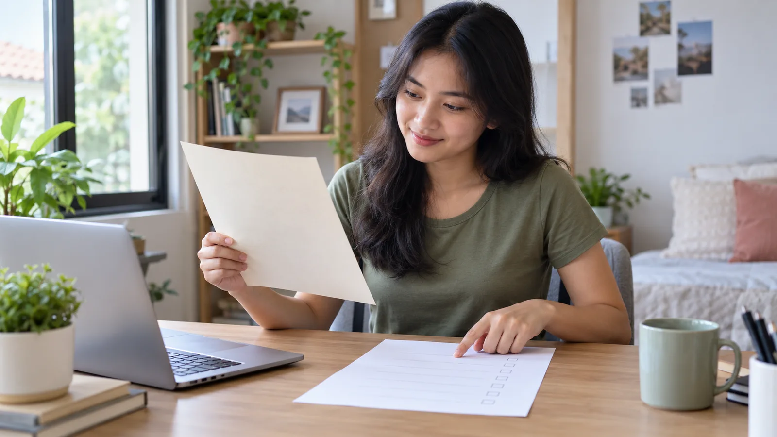 An Indonesian professional compares a document with a paper checklist beside an open laptop at a sunlit home desk.