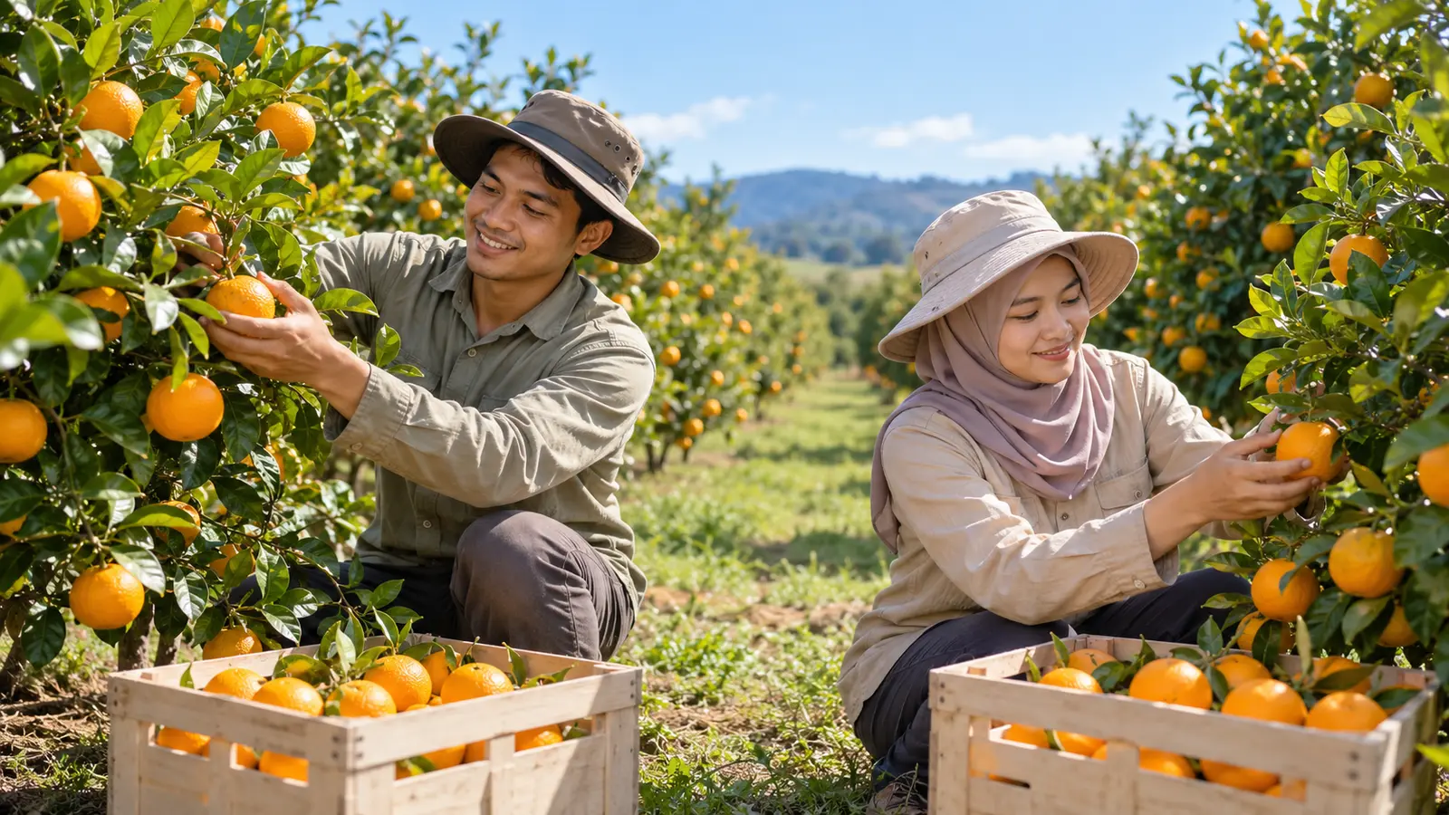 An Indonesian man and a woman in a hijab pick oranges beside wooden crates in a sunny Australian orchard.
