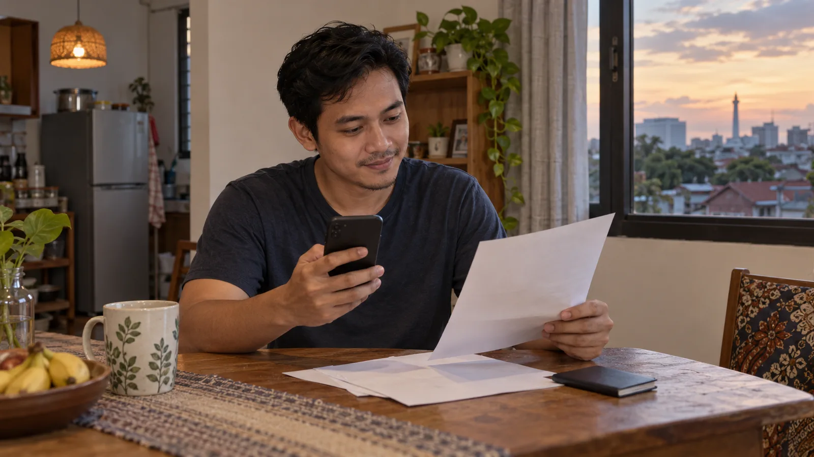 An Indonesian man compares a job offer letter with his phone at home, with a closed passport on the table.